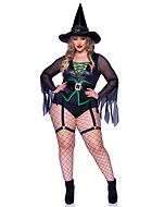 Witch, teddy costume, crossing straps, tattered sleeves, plus size